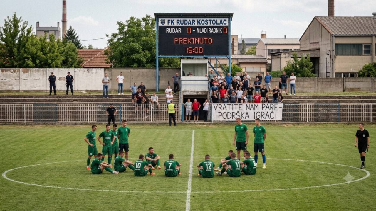 Skandal u Kostolcu: Igrači Rudara seli na teren i prekinuli derbi zbog neisplaćenih plata.